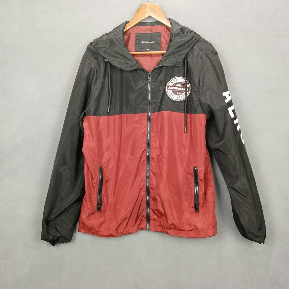 Aeropostale‎ Windbreaker Jacket Mens Medium Black Red Lined Hooded Full Zip